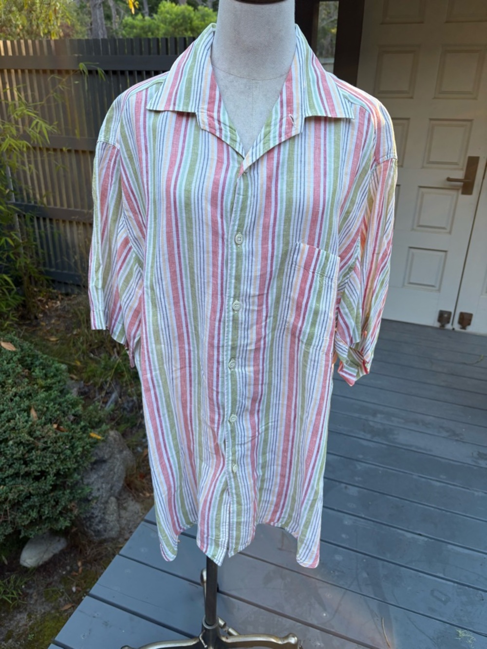 Ermenegildo Zegna Italy Striped Linen Button-Up Shirt - Green/Red/White/Orange